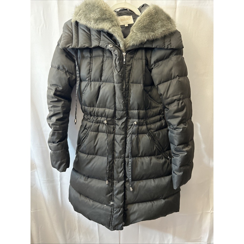Laundry Shelli Segal Women's Gray‎ Faux Fur Trim Hooded Quilted Puffer Jacket M
